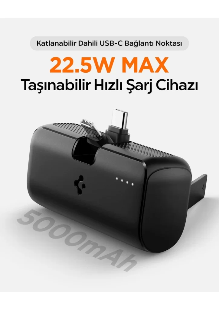 5000 mAh Ultra Mini 22.5W USB-C Hızlı Şarj 2 Portlu Tak-Çalıştır Standlı Powerbank / Entegre Type-C Portlu Stand Özellikli Taşınabilir Şarj Cihazı EA2205 Siyah - ABA09022 (Spigen TR Garantili)