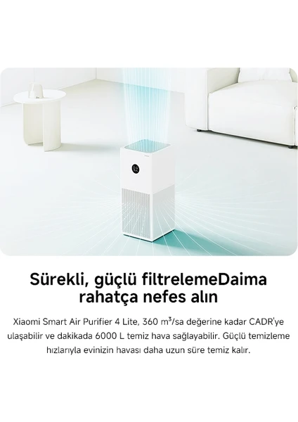 Smart Air Purifier 4 Lite - Beyaz Akıllı Hava Temizleyici, 43 m2'ye kadar, 360 m3/s CADR, Uygulama ve Ses Konrolü