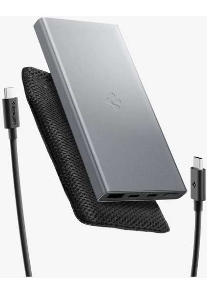 10000 mAh Slim Alüminyum Kasa 22.5W USB-C + USB-A Hızlı Şarj 3 Portlu Powerbank / 1 Metre Type-C Harici Kablolu Taşınabilir Şarj Cihazı + Çanta EA2210 Gri - ABA09432 (Spigen TR Garantili)