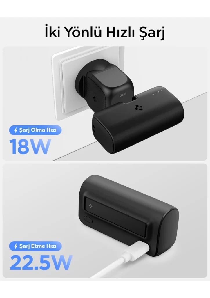 5000 mAh Ultra Mini 22.5W USB-C Hızlı Şarj 2 Portlu Tak-Çalıştır Standlı Powerbank / Entegre Type-C Portlu Stand Özellikli Taşınabilir Şarj Cihazı EA2205 Siyah - ABA09022 (Spigen TR Garantili)