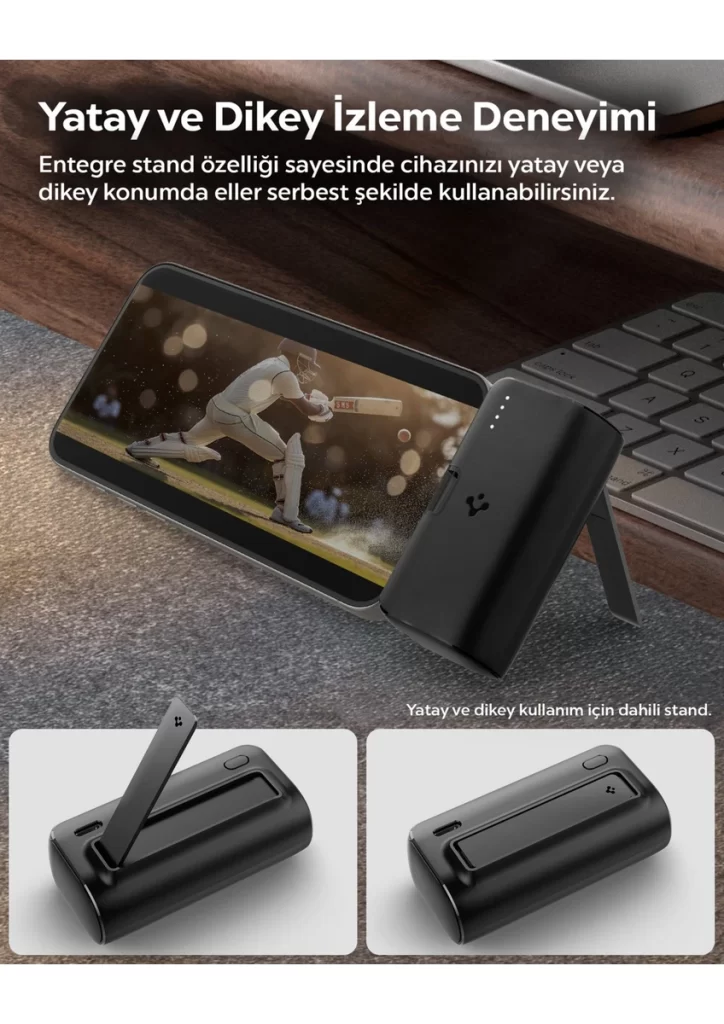 5000 mAh Ultra Mini 22.5W USB-C Hızlı Şarj 2 Portlu Tak-Çalıştır Standlı Powerbank / Entegre Type-C Portlu Stand Özellikli Taşınabilir Şarj Cihazı EA2205 Siyah - ABA09022 (Spigen TR Garantili)