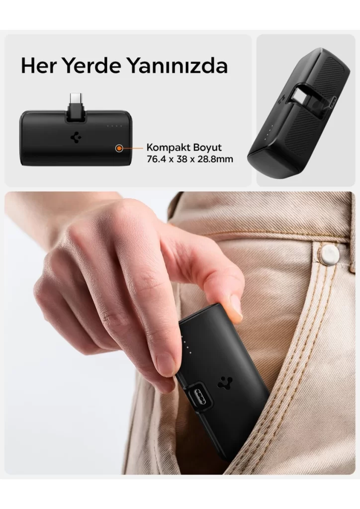5000 mAh Ultra Mini 22.5W USB-C Hızlı Şarj 2 Portlu Tak-Çalıştır Standlı Powerbank / Entegre Type-C Portlu Stand Özellikli Taşınabilir Şarj Cihazı EA2205 Siyah - ABA09022 (Spigen TR Garantili)