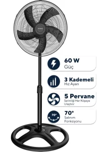 KTF-345 Siyah 18 İnç Ayaklı Vantilatör 60 W, 5 Pervaneli, 3 Kademeli, 132 cm Ayarlanabilir Yükseklik